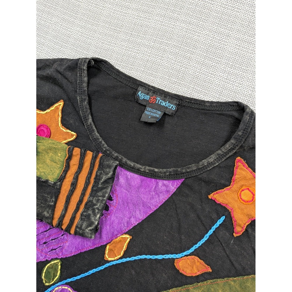 Agan Traders Shirt Womens Large Black Boho Embroidered Floral Long Sleeve Top